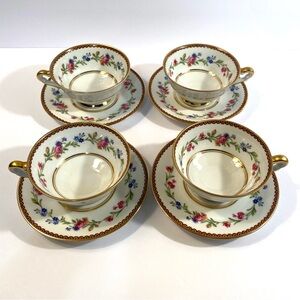 Raynaud Limoges France Country Flowers 4 Footed Cups & Saucers Porcelain China